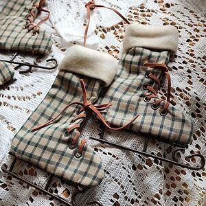 3 Pair Vintage Plaid Hanging Fabric Ice Skate Decorations